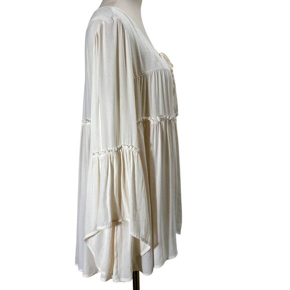 John Mark Tunic Top Womens Medium Cream Boho Tunic Keyhole Tie Neck Bell Sleeves - Picture 4 of 9
